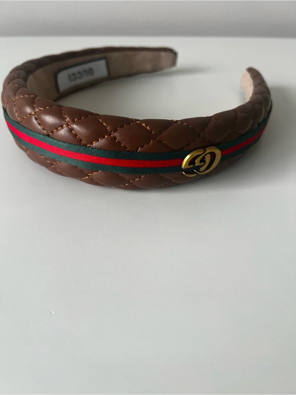 Gucci Quilted Brown Leather Headband with Red and Green Web Stripe